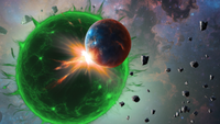 An illustration of a green "zombie star" consuming a planet