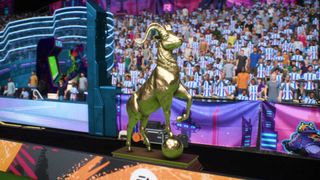 A trophy of a golden ram balancing atop a football in FIFA 22