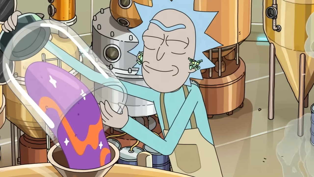 Rick pouring a bunch of goop into a vat.