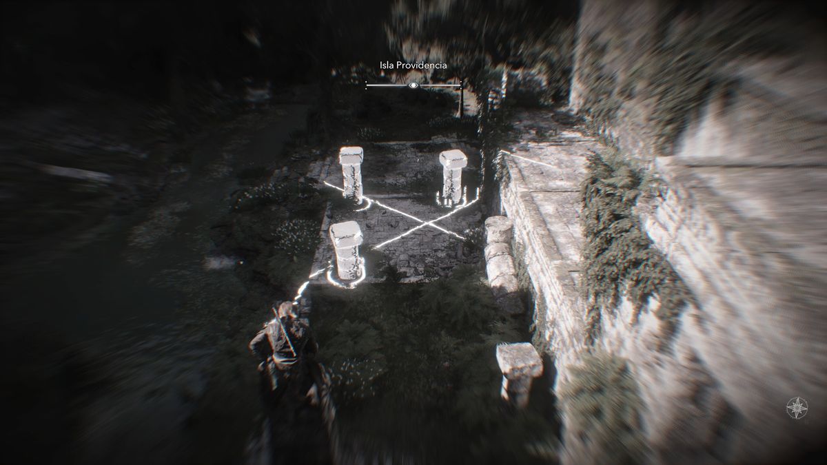 Black Flag Mayan stones: Edward crouched on top of the stele solving the puzzle in the ruins below.