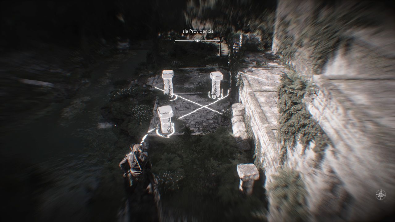 Black Flag Mayan stones: Edward crouched on top of the stele solving the puzzle in the ruins below.