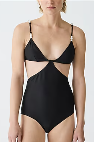 Ribbed Cutout One-Piece Swimsuit With Pearls