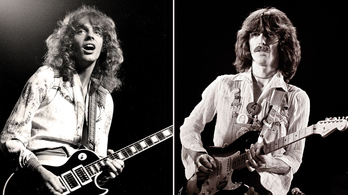 LEFT: Peter Frampton 1976; RIGHT: George Harrison (R) and band memeber, keyboardist Billy Preston perform on stage during their &quot;North American Tour&quot; at the Capitol Center December 13, 1974 in Landover, Maryland. 