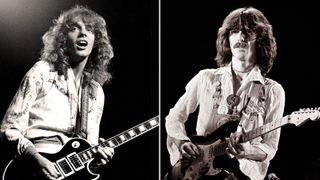 LEFT: Peter Frampton 1976; RIGHT: George Harrison (R) and band memeber, keyboardist Billy Preston perform on stage during their "North American Tour" at the Capitol Center December 13, 1974 in Landover, Maryland. 