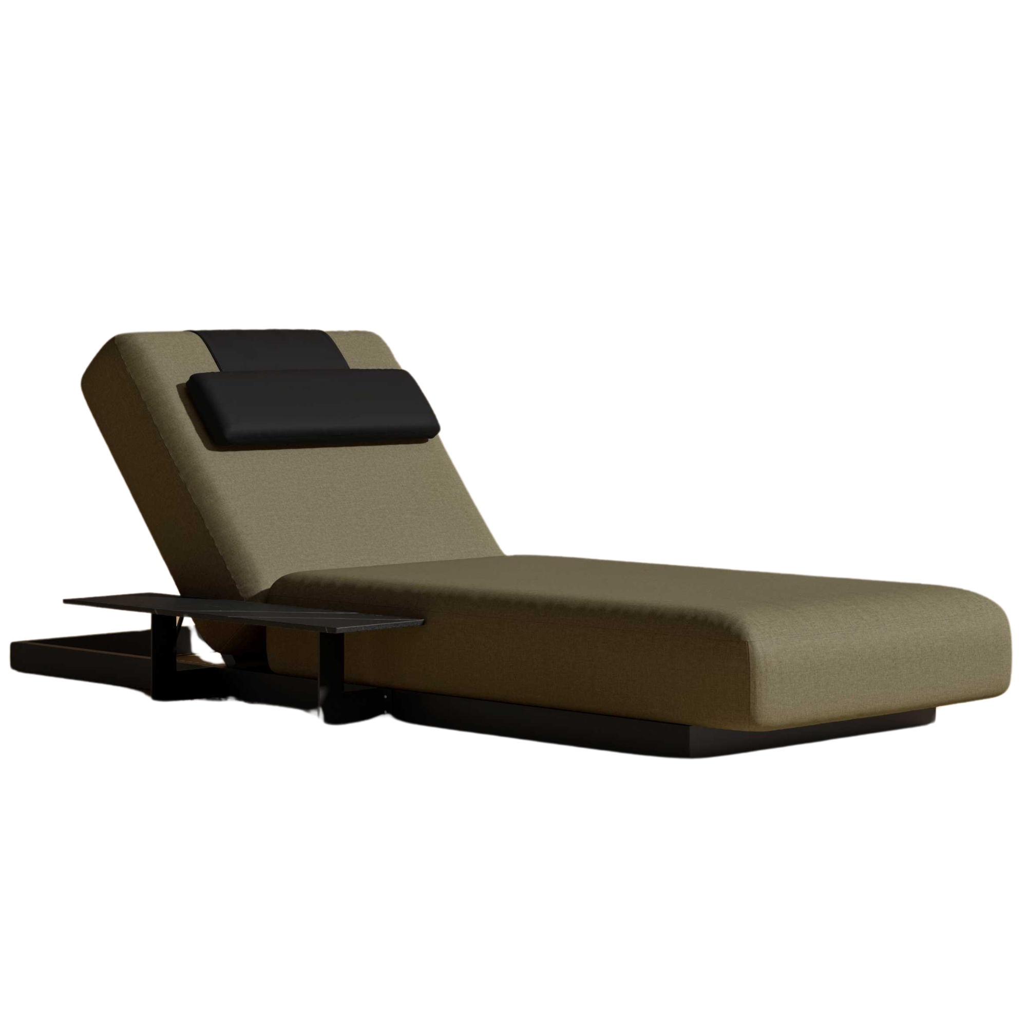 outdoor lounge chair with green upholstery and a black pillow