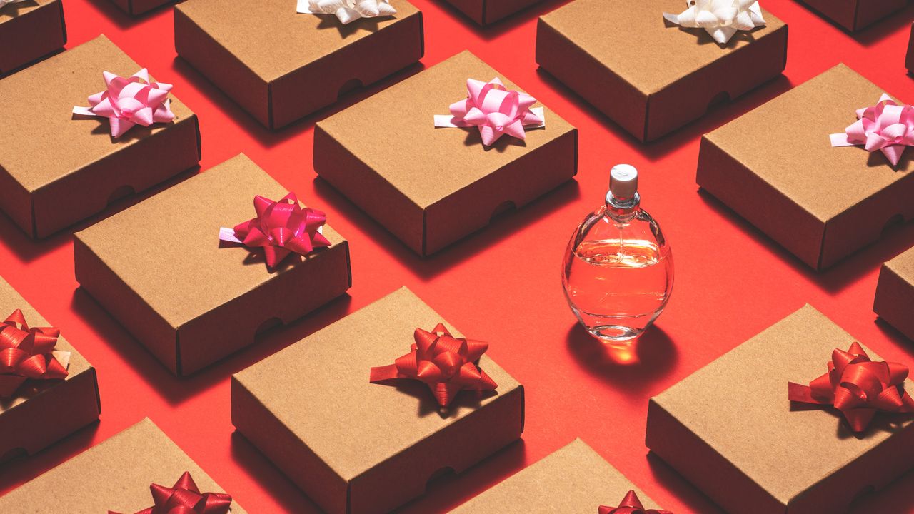 Perfume bottle and wrapped gifts