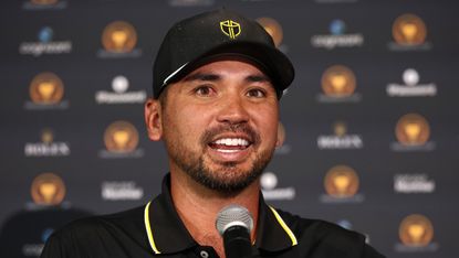 Jason Day speaks to the press before the Presidents Cup