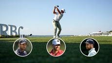 Justin Thomas at the top of his backswing with three players under him