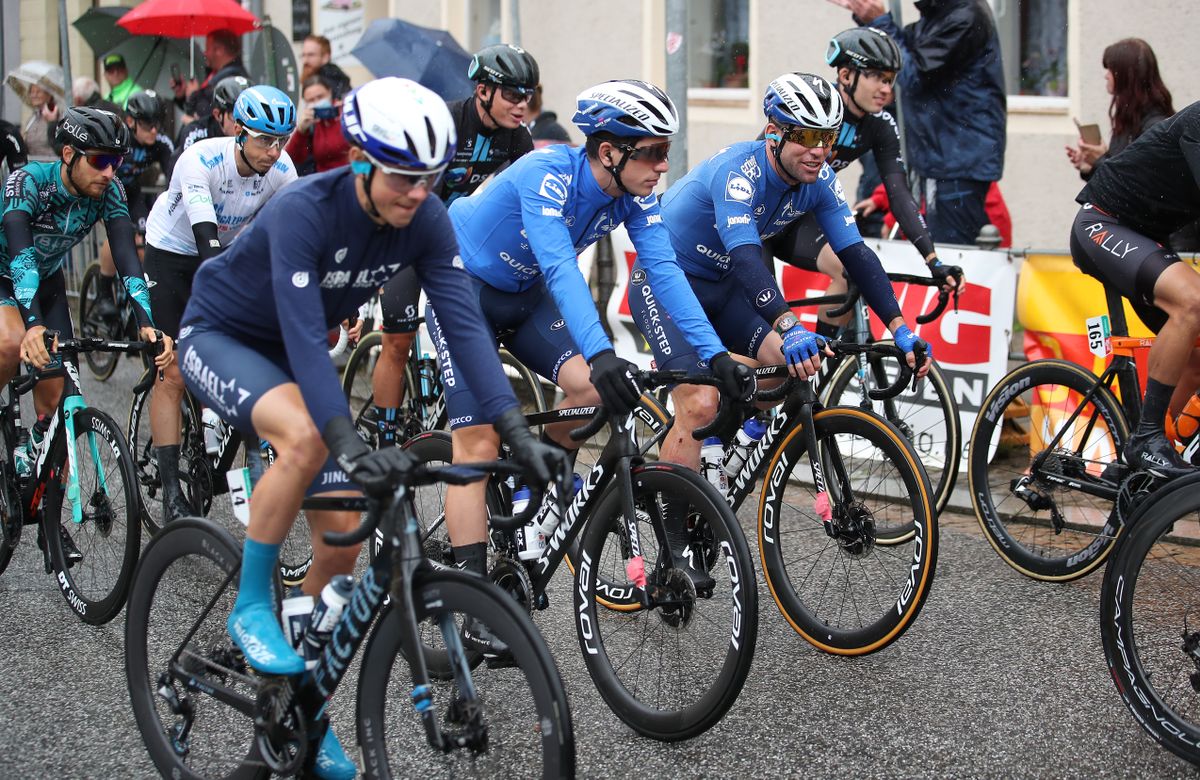 ILMENAU GERMANY AUGUST 27 LR Joo Almeida of Portugal and Mark Cavendish of United Kingdom and Team Deceuninck QuickStep compete during the 35th Deutschland Tour 2021 Stage 2 a 1806km stage from Sangerhausen to Ilmenau DeineTour on August 27 2021 in Ilmenau Germany Photo by Christian KasparBartkeGetty Images