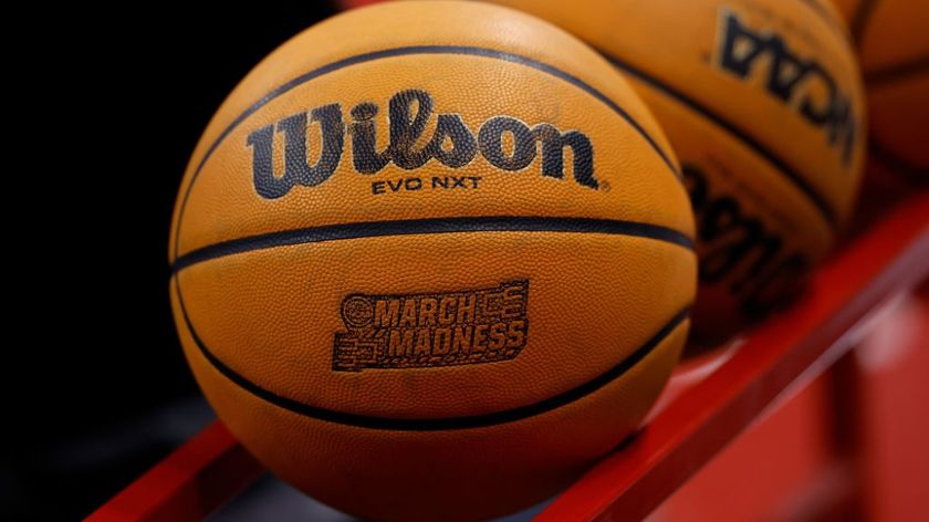 A detail view of a Wilson basketball bearing the March Madness logo