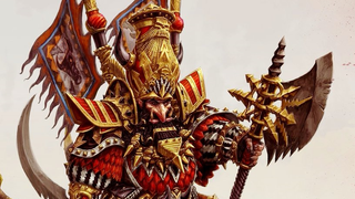A chaos dwarf from the world of Warhammer Fantasy. It is wearing babylonian-inspired red and gold fantasy armor. It has tusks.