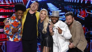 The Voice Season 25 finalists Nathan Chester, Bryan Olesen, Karen Waldrup, Asher HaVon and Josh Sanders pose for a photo after the semifinals.