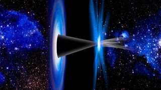 a black void divides two halves of the image, each filled with stars and colorful clouds of gas. in the center of the void, a cone-shaped structure can be seen transporting clouds of gas from left to right