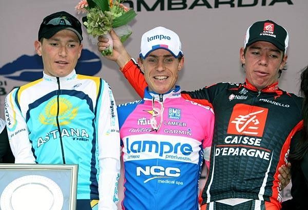 The Lombardia podium (l-r): Janez Brajkovic, Damiano Cunego and Rigoberto Uran