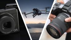 Left to right: The Ricoh GR III on black background, the DJI Air 3S in flight at golden hour, the Canon EOS R5 Mark II camera in the hand with 50mm lens attached