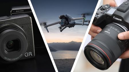 Left to right: The Ricoh GR III on black background, the DJI Air 3S in flight at golden hour, the Canon EOS R5 Mark II camera in the hand with 50mm lens attached