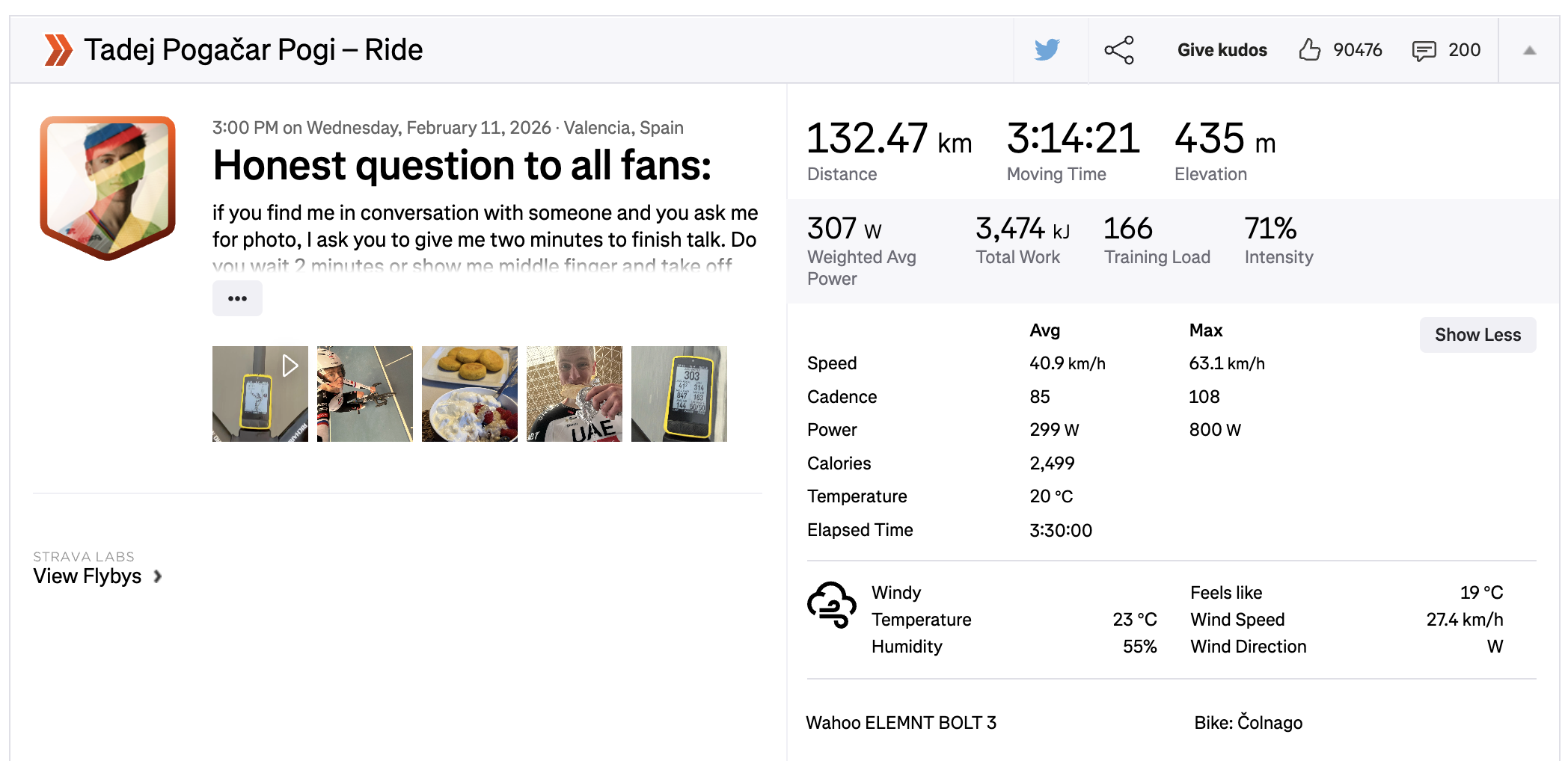 Screenshot of Strava ride from Tadej Pogačar riding for over three hours with a weight average power of 307 watts