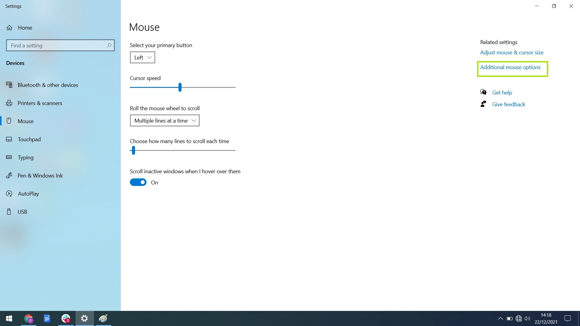 Captura de pantalla que muestra el menú de configuración del mouse de Windows 10