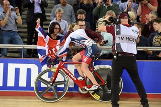 Laura Trott is congratulated by her family after winning the scratch race at the Track World Championships 2016