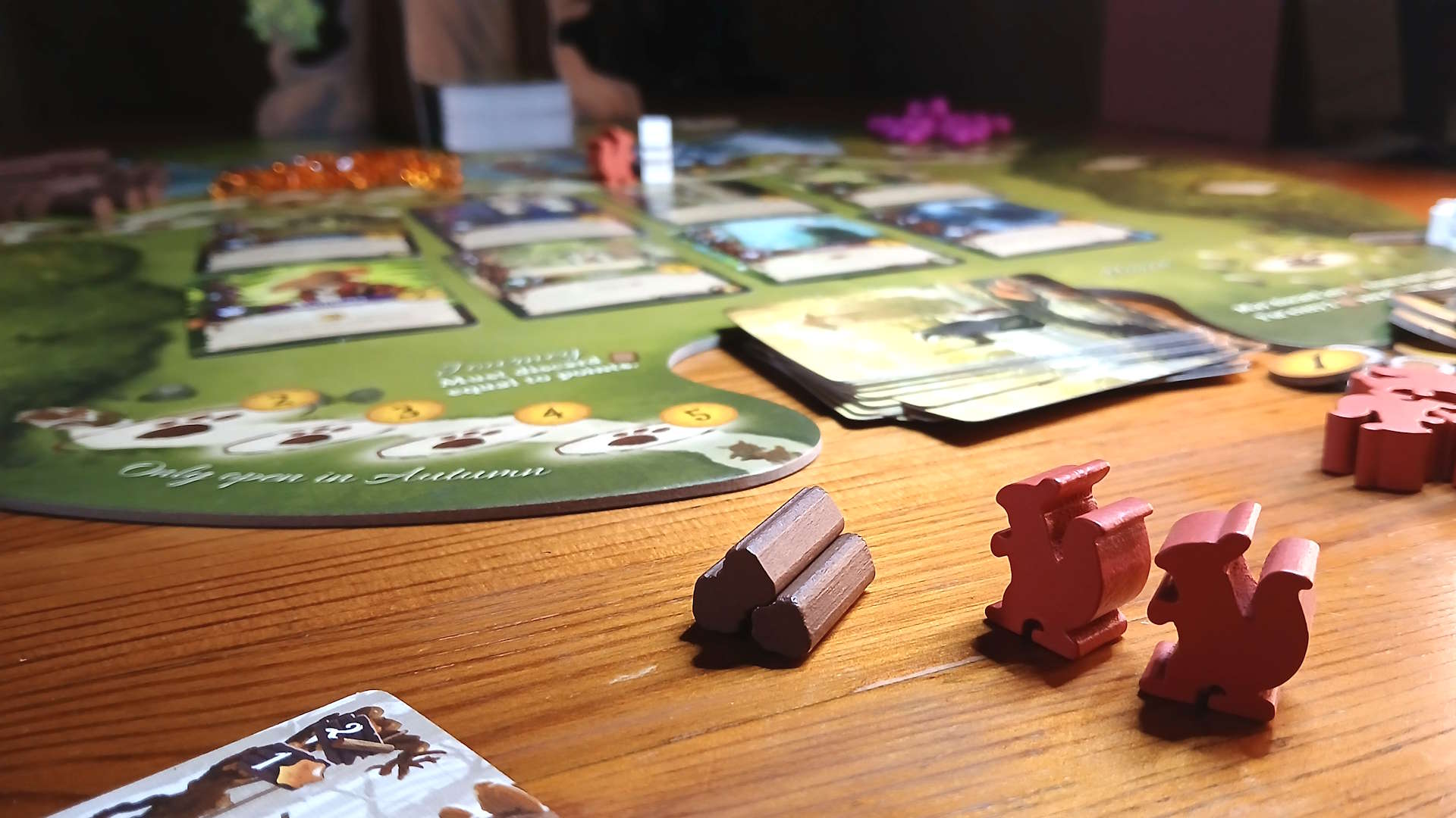 Everdell components laid out on a wooden surface