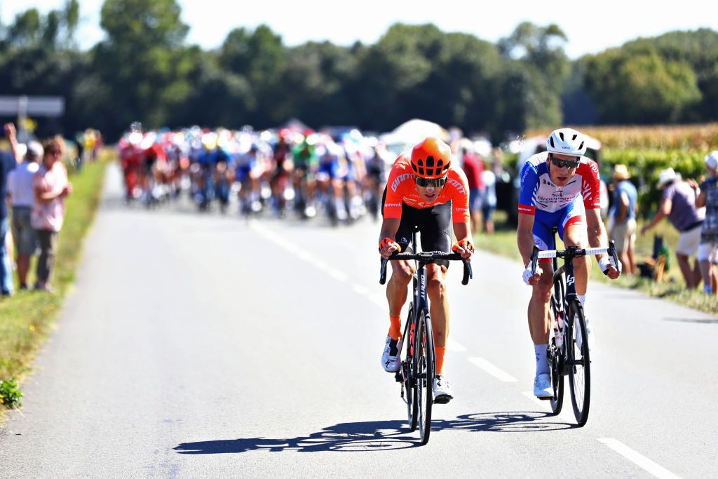SAINTMARTINDERE FRANCE SEPTEMBER 08 Michael Schar of Switzerland and CCC Team Stefan Kung of Switzerland and Team Groupama FDJ Breakaway during the 107th Tour de France 2020 Stage 10 a 1685km stage from ile dOleron Le Chateau dOleron to ile de Re Saint Martin de Re TDF2020 LeTour on September 08 2020 in Saint Martin de Re France Photo by Michael SteeleGetty Images