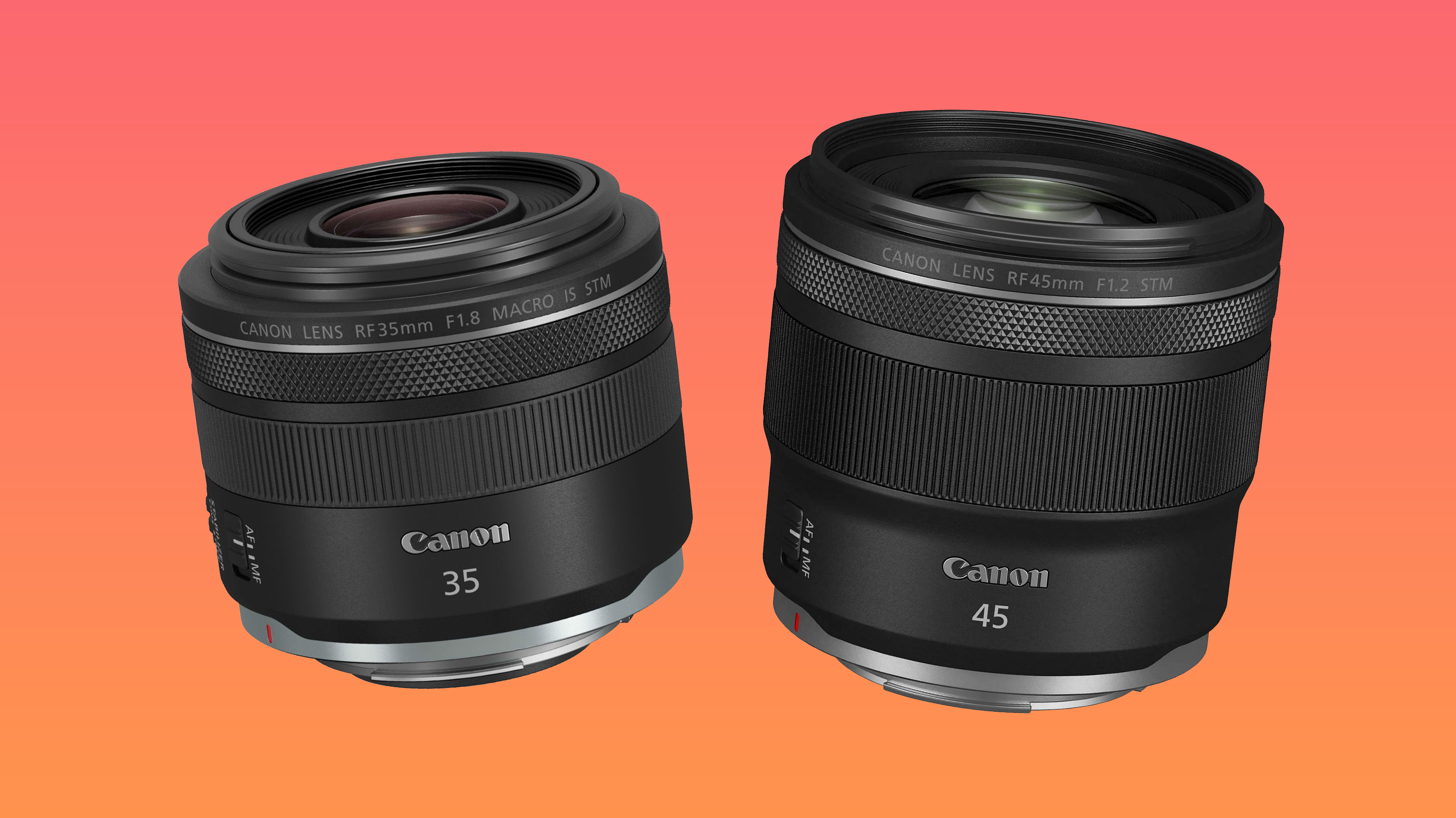 Two press pictures of Canon&#039;s RF 35mm F1.8 Macro STM and RF 45mm F1.2 STM lenses cutout and placed on a bright orange and red background