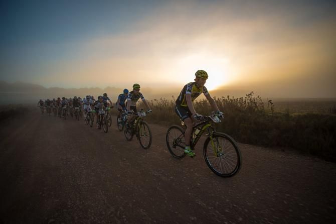 Kristian Hynek of Topeak-Ergon Racing leads the riders out of Greyton