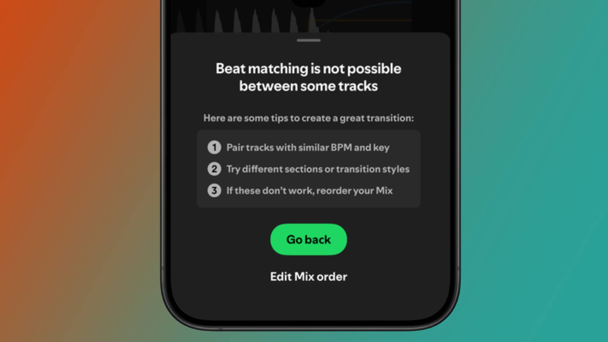 Spotify giving tips on how to create a perfect transition using the Mix feature on an iPhone