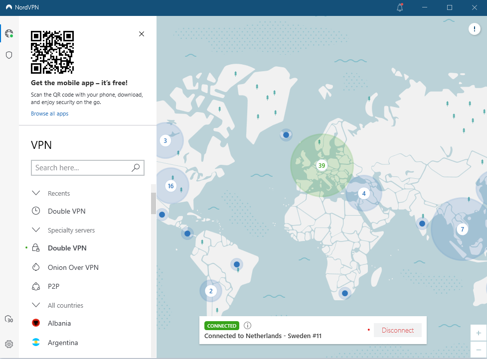 NordVPN Windows-klient ansluten till Double VPN