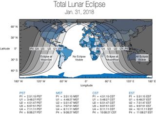 Areas of the world that will see the Jan. 31, 2018, total solar eclipse. The eclipse will be visible Jan. 31 before sunrise for North America, Alaska and Hawaii; the Middle East, Asia, eastern Russia, Australia and New Zealand will see it during moonrise the morning of Jan. 31.