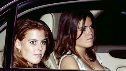 Princess Eugenie and Princess Beatrice in the car on their way to the late Queen Elizabeth II's 80th birthday dinner