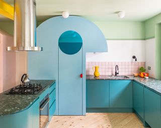 Mix and match kitchen with pastel cabinets
