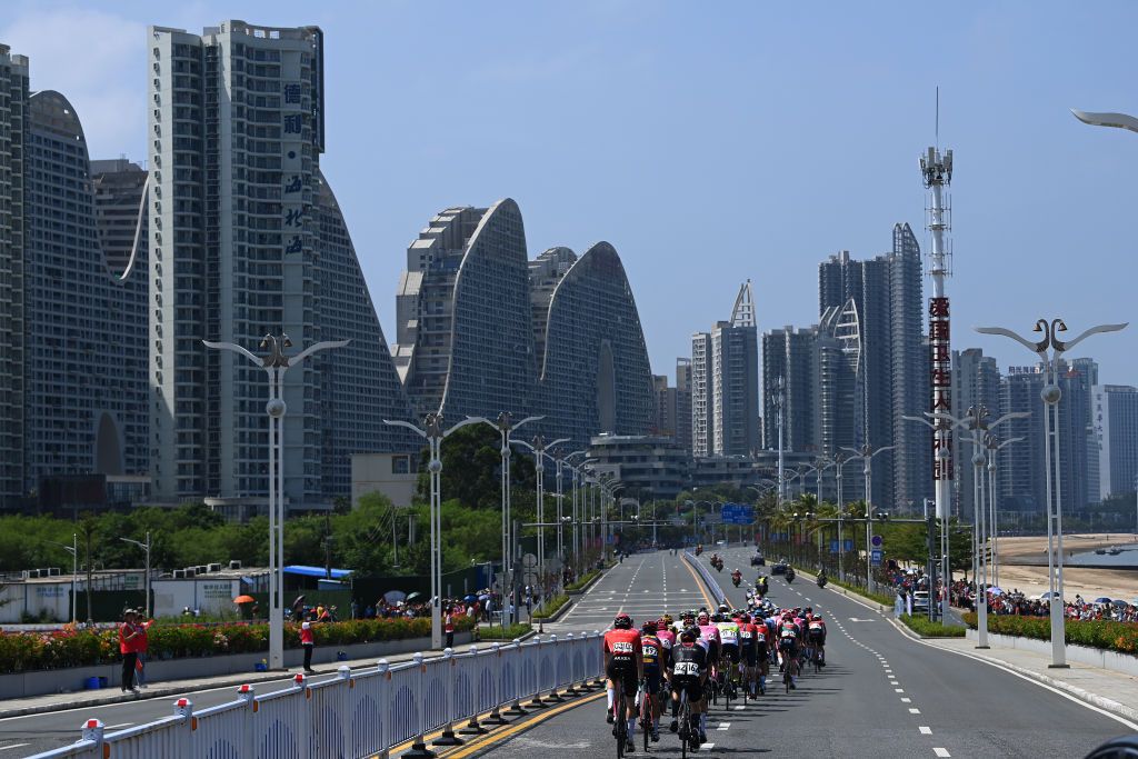 BEIHAI CHINA OCTOBER 12 A general view of the peloton passing through Beihai city landscape during the 4th GreeTour of Guangxi 2023 Stage 1 a 1356km stage from Beihai to Beihai UCIWT on October 12 2023 in Beihai China Photo by Tim de WaeleGetty Images