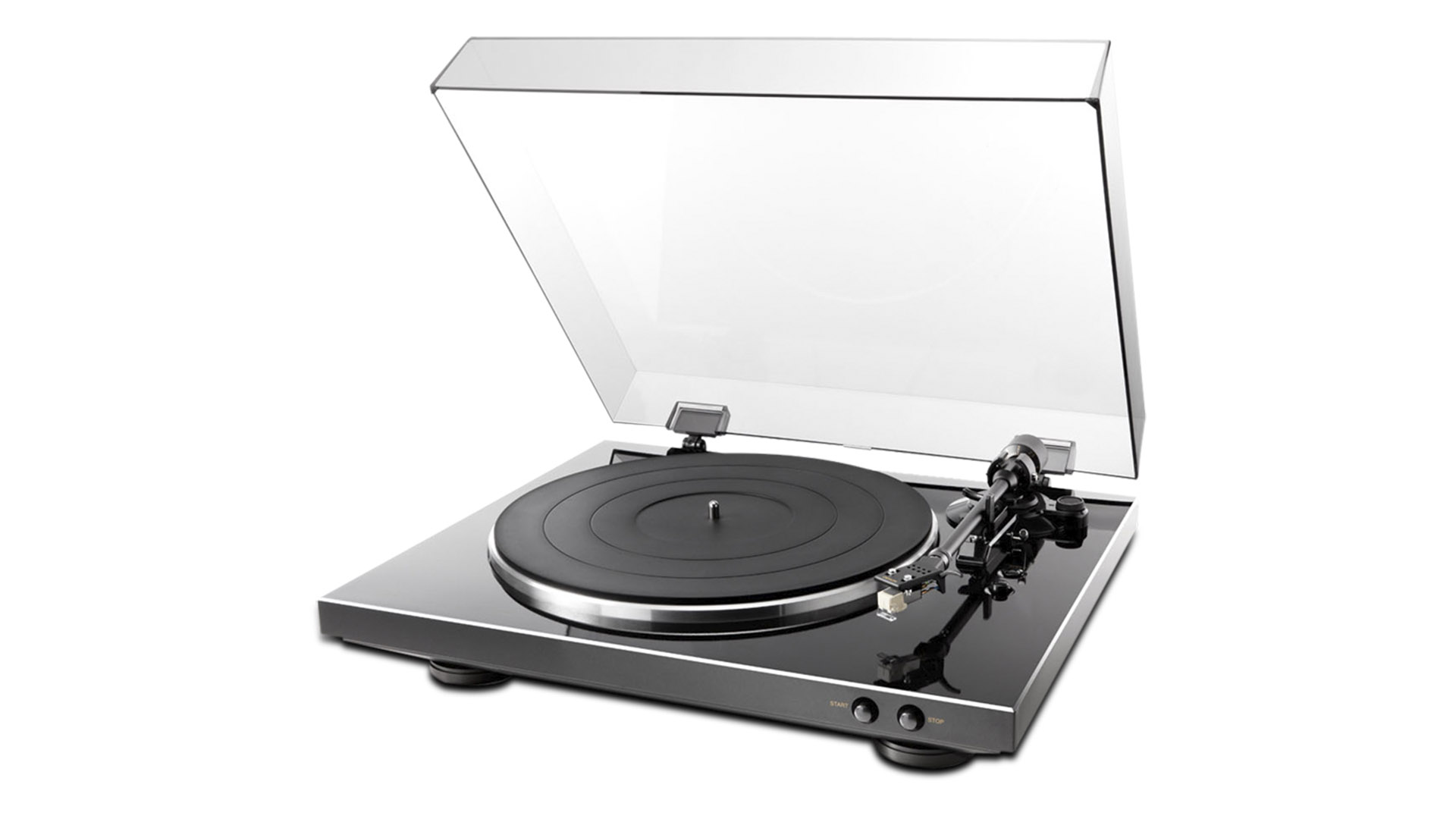 The Denon DP-300F turntable in black and silver