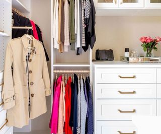 white closet with closet rod and combination of drawers, hanging rails and shelving