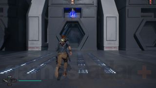 Star Wars Jedi Survivor Nova Garon Cal running to an opening door with an electro dart power source above it