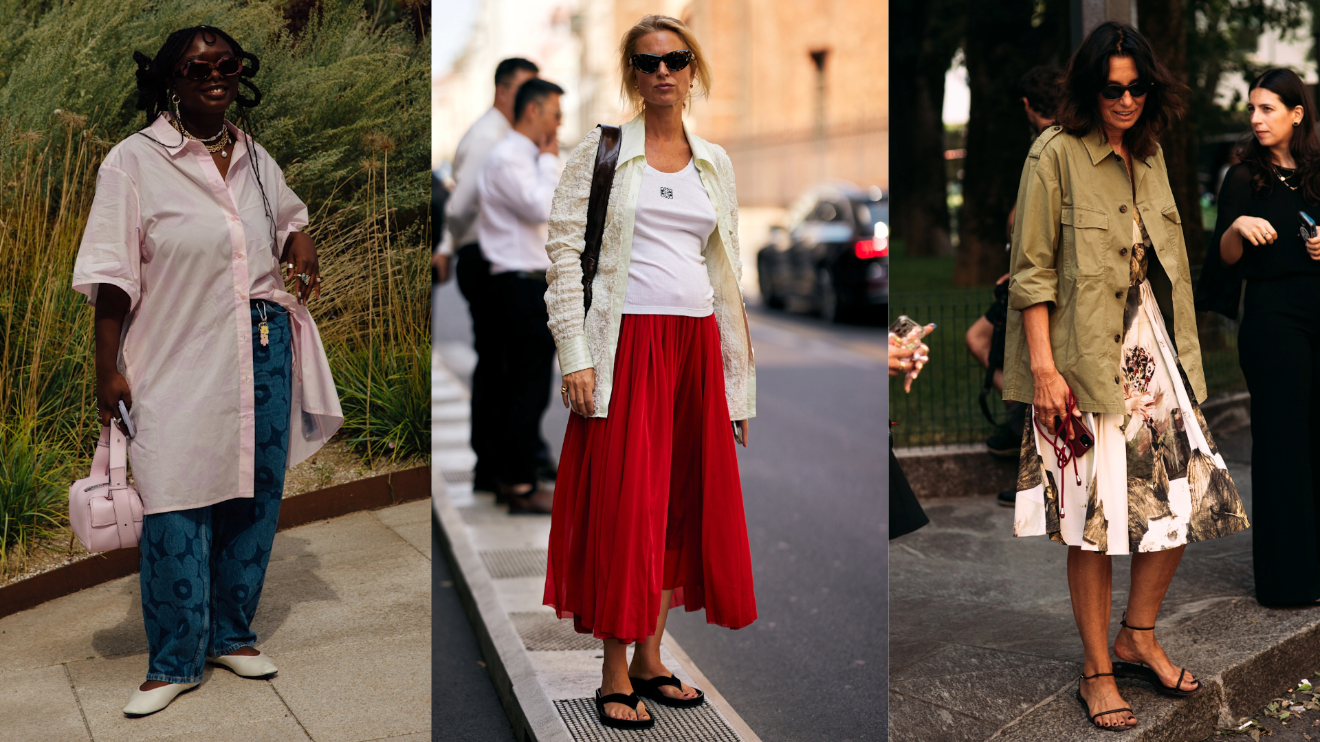 split image of fashion week attendees wearing summer shoe trends