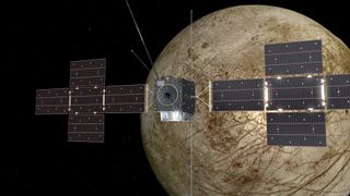 An artist's impression of ESA's JUICE spacecraft in orbit around the ocean moon Europa.