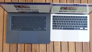 MacBook Air 15-inch M3 next to MacBook Air 13-inch M3 on a side table