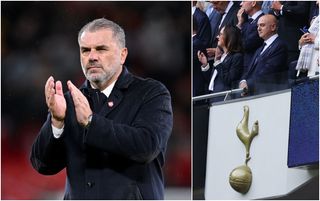 MANCHESTER, ENGLAND - SEPTEMBER 29: Ange Postecoglou, Manager of Tottenham Hotspur, acknowlegdes the fans after the Premier League match between Manchester United FC and Tottenham Hotspur FC at Old Trafford on September 29, 2024 in Manchester, England. (Photo by Michael Regan/Getty Images)