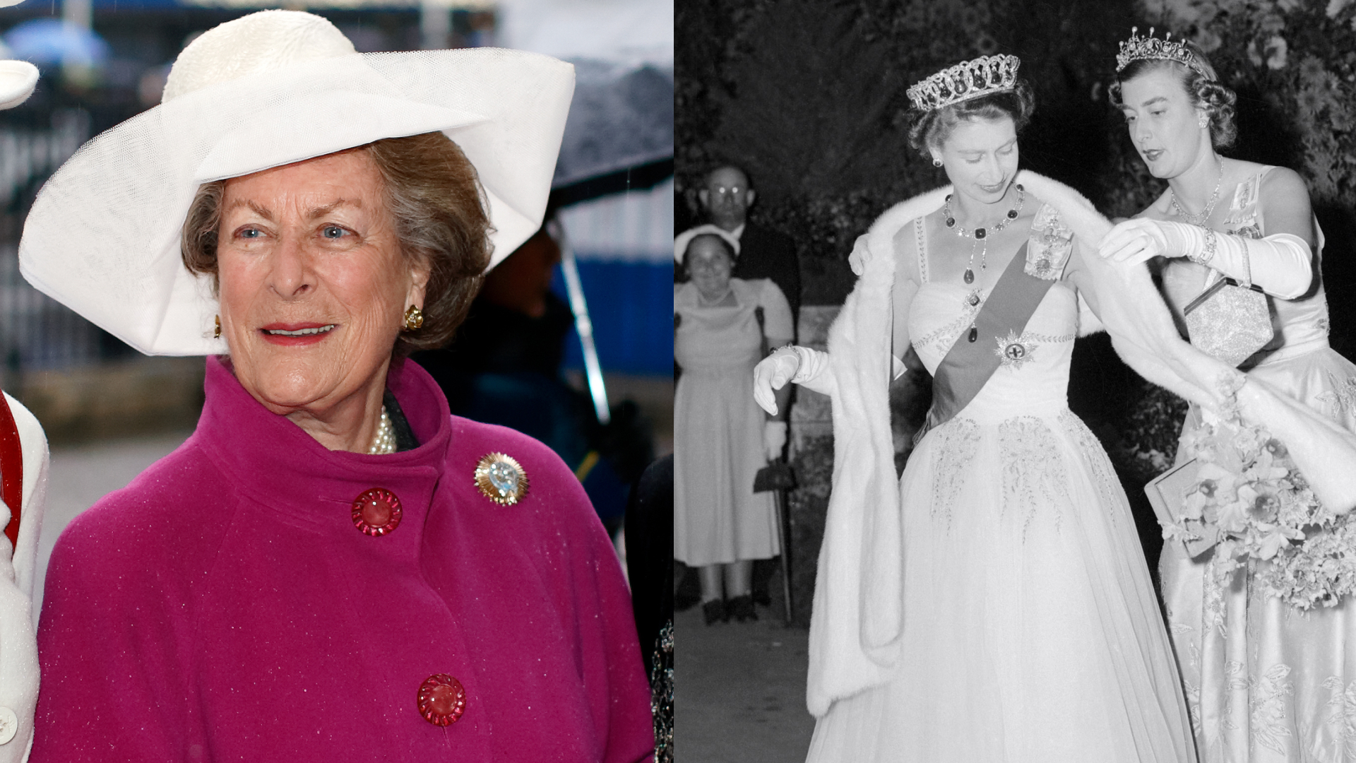 Lady Pamela Hicks helping Queen Elizabeth with her shawl