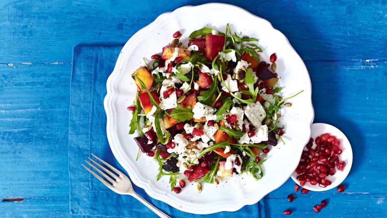 A high-protein salad featuring feta and pomegranate