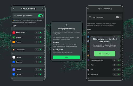 تقسيم واجهة تطبيقي NymVPN إلى أنفاق