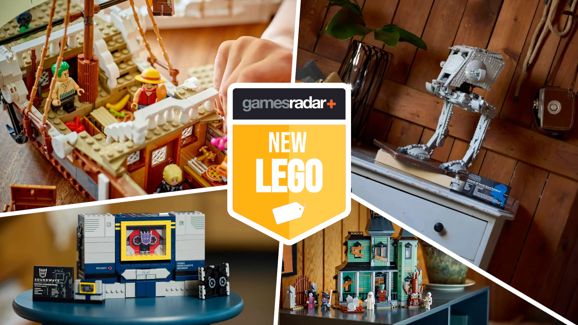 Lego One Piece The Going Merry ship, AT-ST Walker, Soundwave cassette player, and Haunted Mansion sets all divided by white lines, with a GamesRadar+ &#039;new Lego&#039; badge in the middle