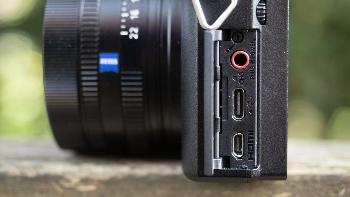 Sony RX1R III on a wooden surface in a woodland environment