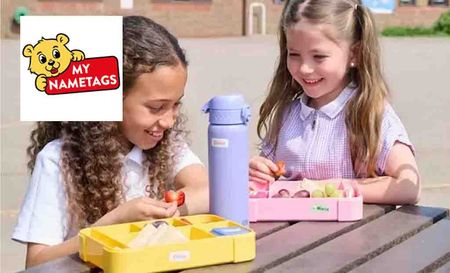 my nametags logo top left with two school girls with their packed lunches