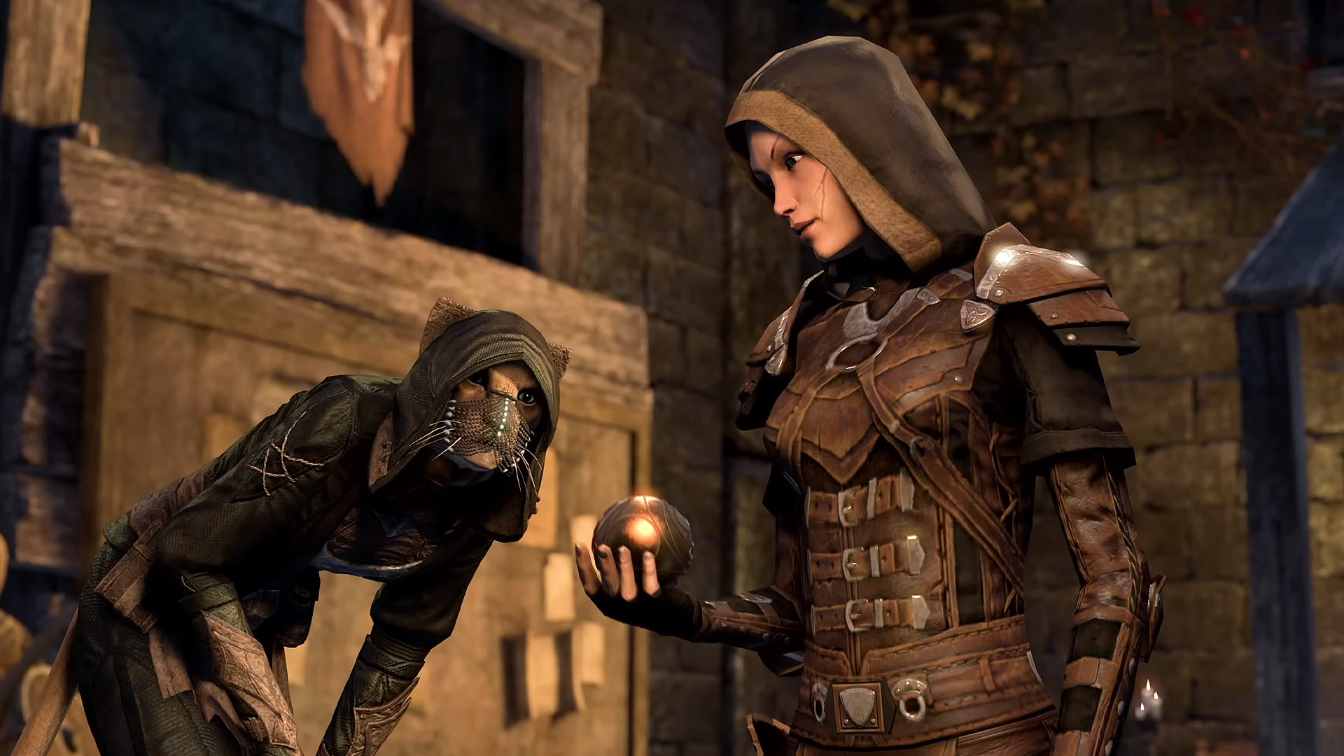 The Elders Scrolls Online - Return of the Thieves Guild expansion - Two thieves standing beside each other, one is crouched like they're sneaking