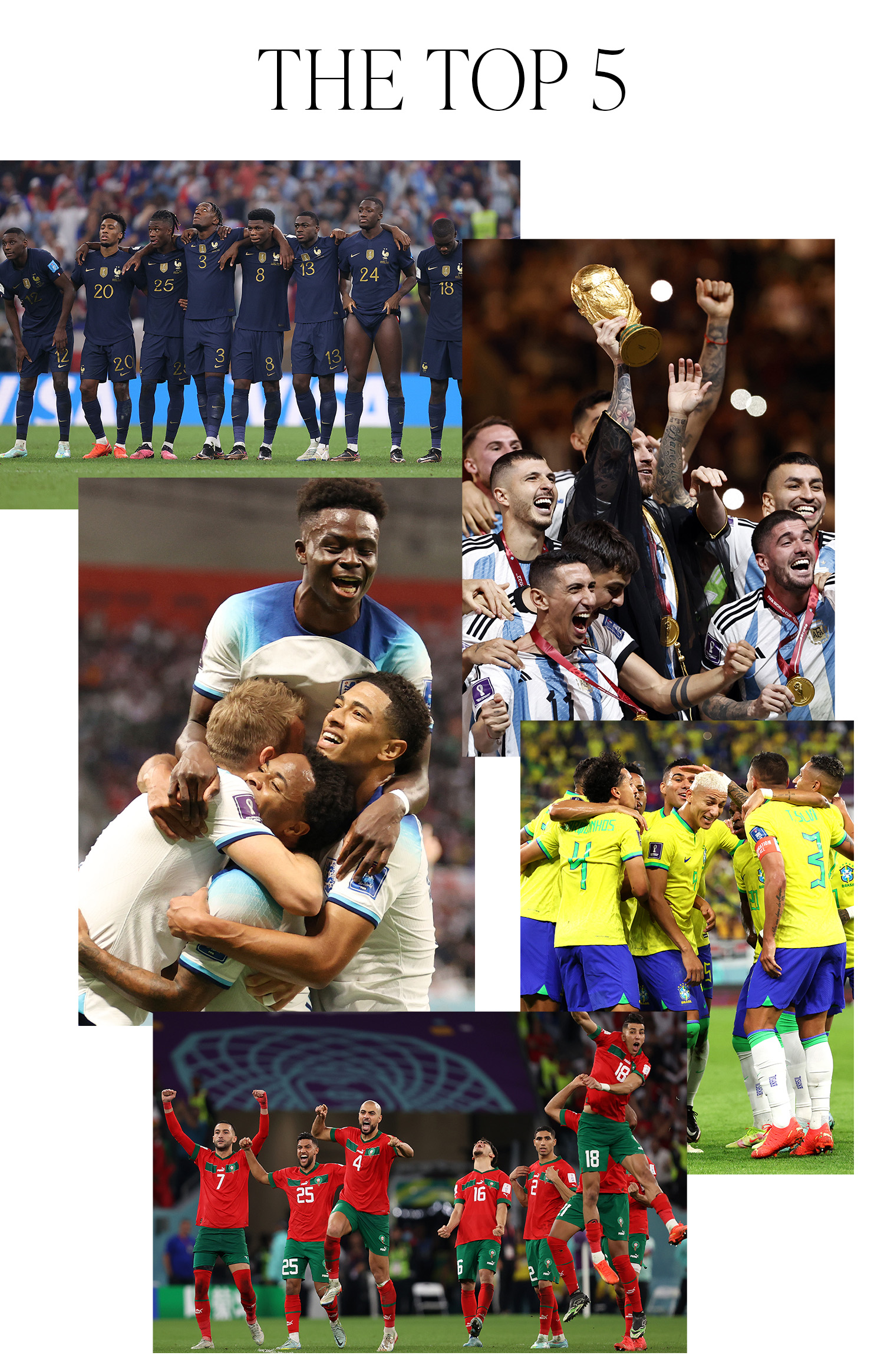 A slide titled, "The Top 5," with photos of modern World Cup teams from France, England, Argentina, Brazil, and Spain.