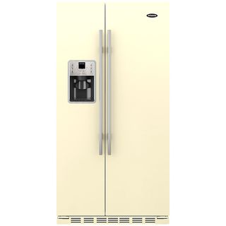 Large gloss cream fridge freezer with full length vertical double doors, silver handles and water dispenser