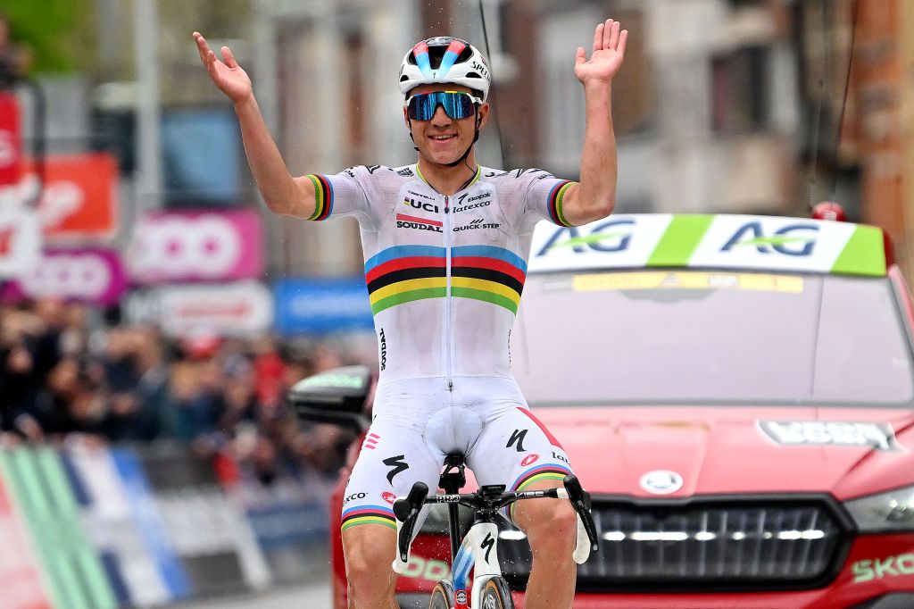 LIEGE BELGIUM APRIL 23 Remco Evenepoel of Belgium and Team Soudal Quick Step celebrates at finish line as race winner during the 109th Liege Bastogne Liege 2023 Mens Elite a 2581km one day race from Lige to Lige UCIWT on April 23 2023 in Liege Belgium Photo by Luc ClaessenGetty Images